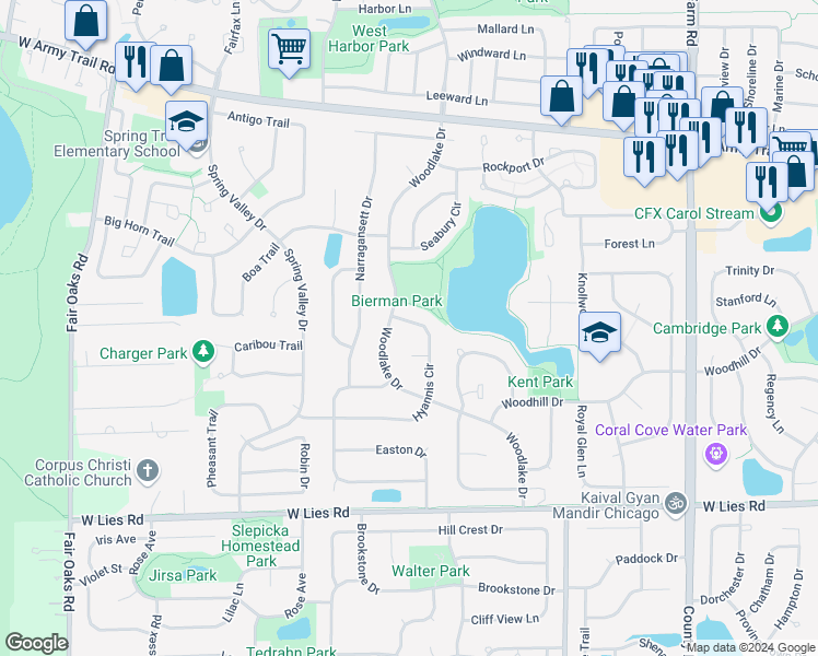 map of restaurants, bars, coffee shops, grocery stores, and more near 1051 Hyannis Circle in Carol Stream