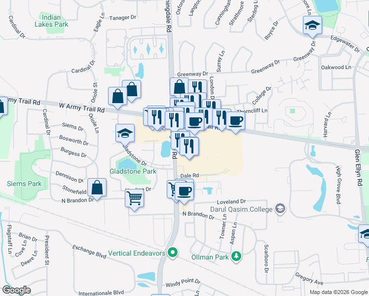 map of restaurants, bars, coffee shops, grocery stores, and more near 265 Army Trail Road in Glendale Heights