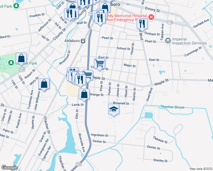 map of restaurants, bars, coffee shops, grocery stores, and more near 87 Parker Street in Attleboro