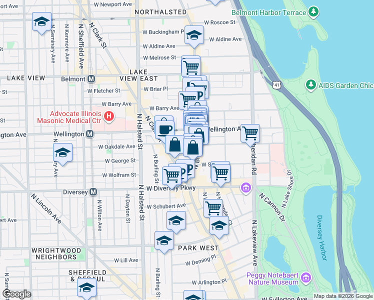 map of restaurants, bars, coffee shops, grocery stores, and more near 600 West Surf Street in Chicago