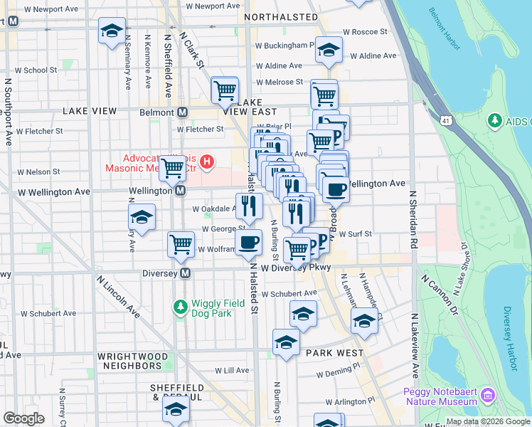 map of restaurants, bars, coffee shops, grocery stores, and more near 719 West Oakdale Avenue in Chicago