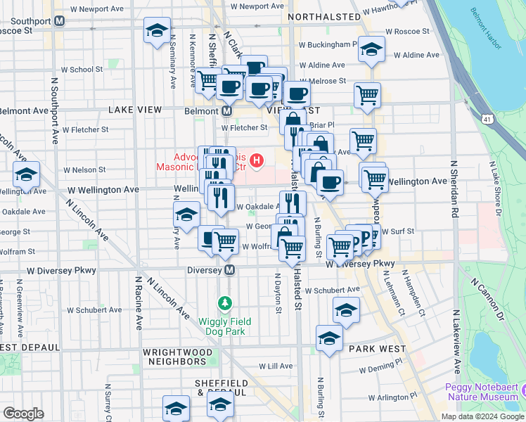 map of restaurants, bars, coffee shops, grocery stores, and more near 850 West Oakdale Avenue in Chicago
