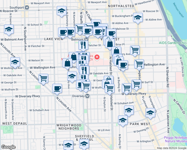 map of restaurants, bars, coffee shops, grocery stores, and more near 928c West Oakdale Avenue in Chicago