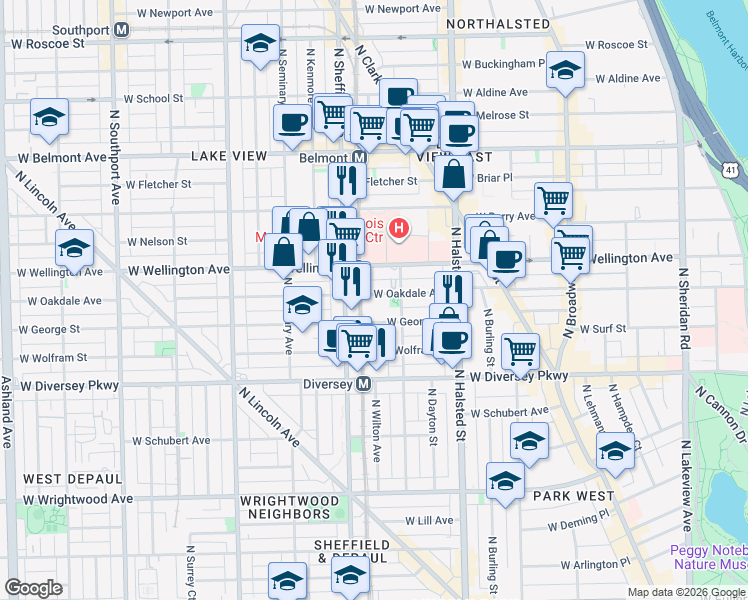 map of restaurants, bars, coffee shops, grocery stores, and more near 920 West Oakdale Avenue in Chicago