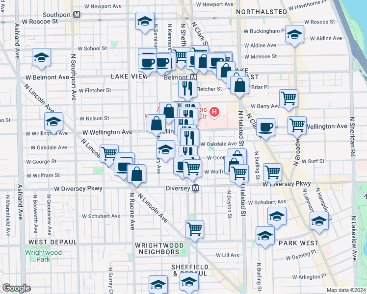map of restaurants, bars, coffee shops, grocery stores, and more near 2937 North Sheffield Avenue in Chicago