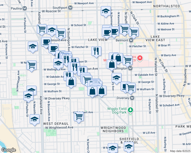 map of restaurants, bars, coffee shops, grocery stores, and more near 1228 West Oakdale Avenue in Chicago