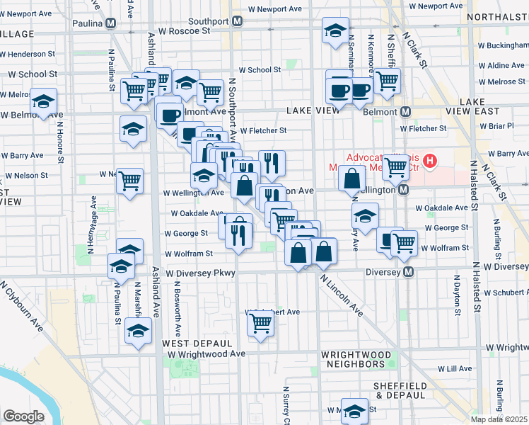 map of restaurants, bars, coffee shops, grocery stores, and more near 2909 North Lincoln Avenue in Chicago
