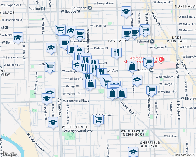 map of restaurants, bars, coffee shops, grocery stores, and more near 2909 North Lincoln Avenue in Chicago