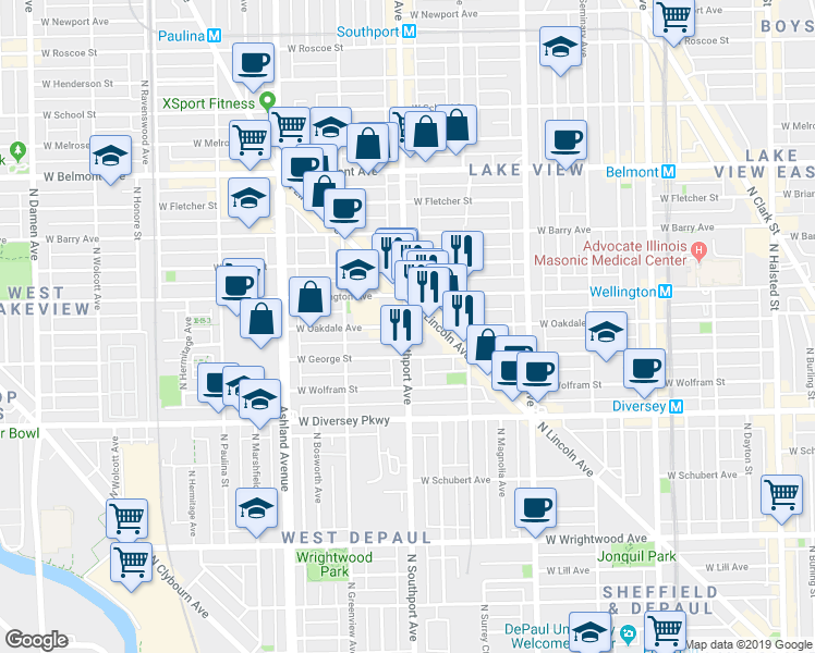 map of restaurants, bars, coffee shops, grocery stores, and more near 2954 North Lincoln Avenue in Chicago