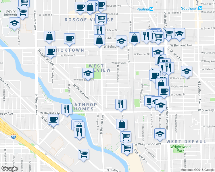 map of restaurants, bars, coffee shops, grocery stores, and more near 2945 North Damen Avenue in Chicago