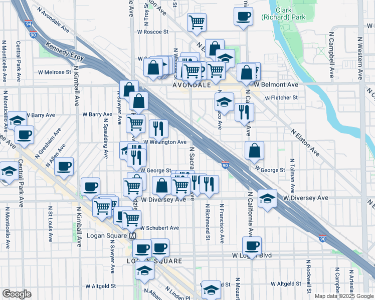 map of restaurants, bars, coffee shops, grocery stores, and more near 3021 West Wellington Avenue in Chicago