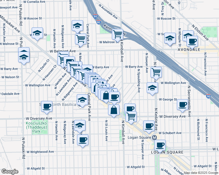 map of restaurants, bars, coffee shops, grocery stores, and more near 2964 North Allen Avenue in Chicago