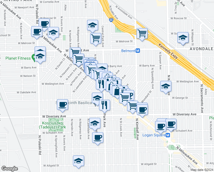 map of restaurants, bars, coffee shops, grocery stores, and more near 3006 North Elbridge Avenue in Chicago