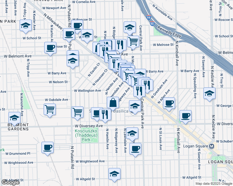 map of restaurants, bars, coffee shops, grocery stores, and more near 3011 North Hamlin Avenue in Chicago