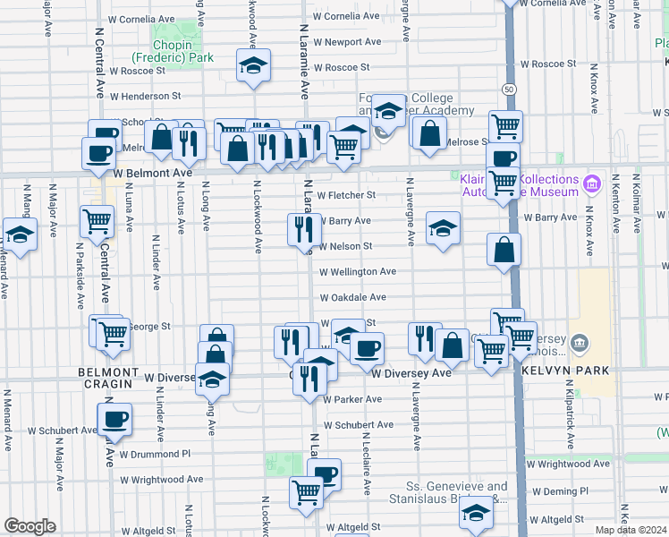 map of restaurants, bars, coffee shops, grocery stores, and more near 5149 West Nelson Street in Chicago