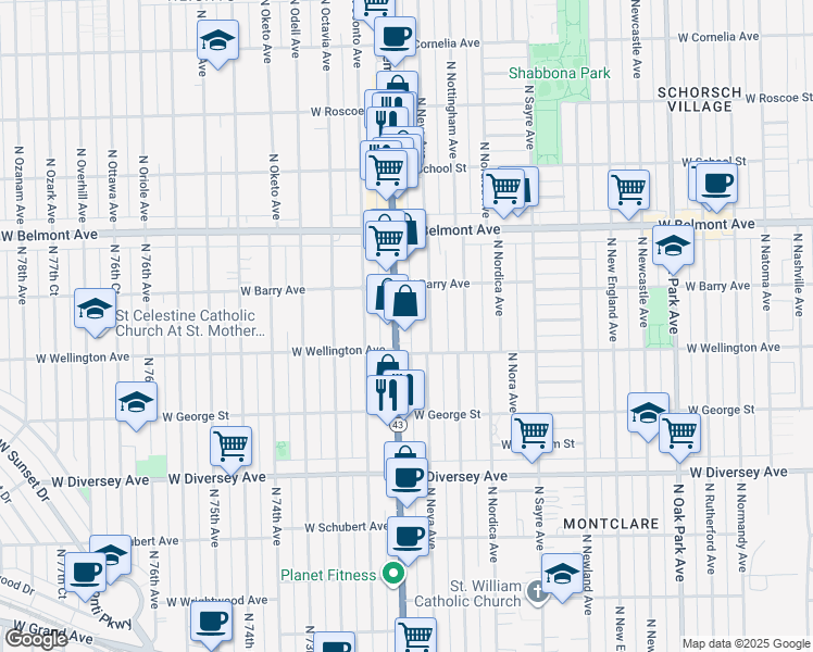 map of restaurants, bars, coffee shops, grocery stores, and more near 3034 North Neva Avenue in Chicago