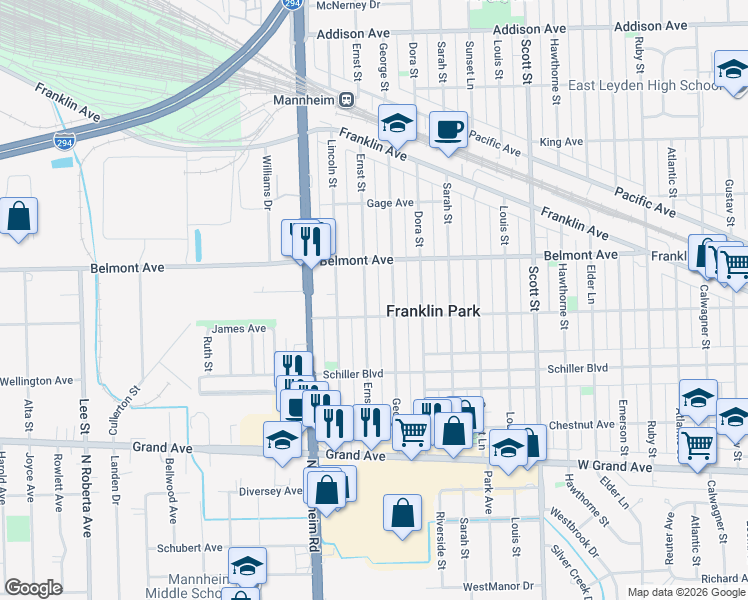 map of restaurants, bars, coffee shops, grocery stores, and more near 3121 Ernst Street in Franklin Park