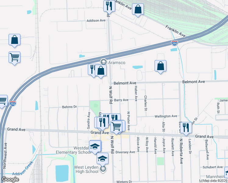 map of restaurants, bars, coffee shops, grocery stores, and more near 3140 North Wolf Road in Melrose Park