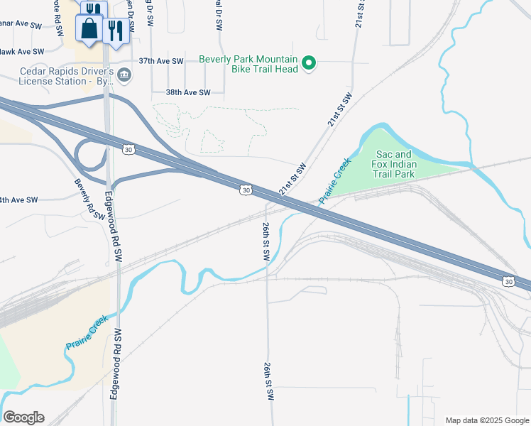 map of restaurants, bars, coffee shops, grocery stores, and more near 3706-4498 21st Street Southwest in Cedar Rapids