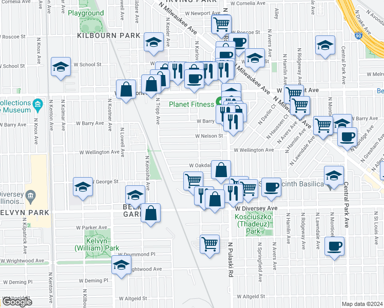 map of restaurants, bars, coffee shops, grocery stores, and more near 4113 West Wellington Avenue in Chicago