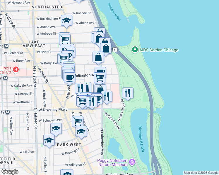 map of restaurants, bars, coffee shops, grocery stores, and more near 2927 North Commonwealth Avenue in Chicago