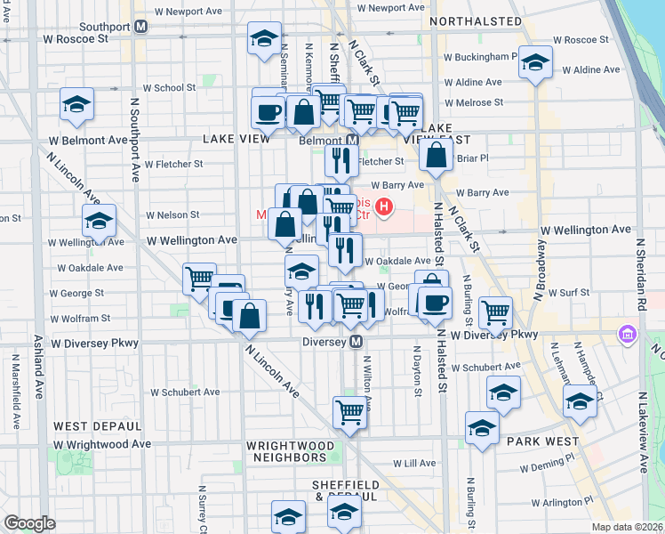 map of restaurants, bars, coffee shops, grocery stores, and more near 2937 North Sheffield Avenue in Chicago