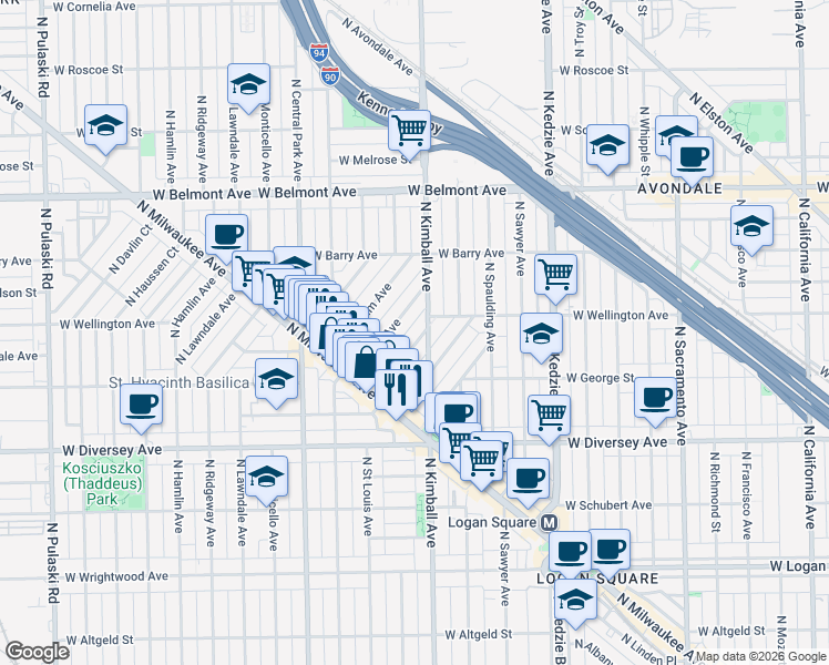 map of restaurants, bars, coffee shops, grocery stores, and more near 2940 North Kimball Avenue in Chicago