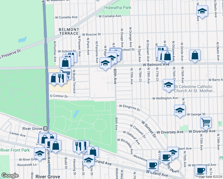 map of restaurants, bars, coffee shops, grocery stores, and more near 7945 West Barry Avenue in Elmwood Park