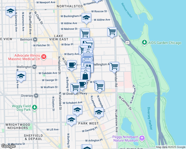 map of restaurants, bars, coffee shops, grocery stores, and more near 541 West Oakdale Avenue in Chicago