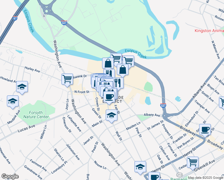 map of restaurants, bars, coffee shops, grocery stores, and more near 1 North Front Street in Kingston