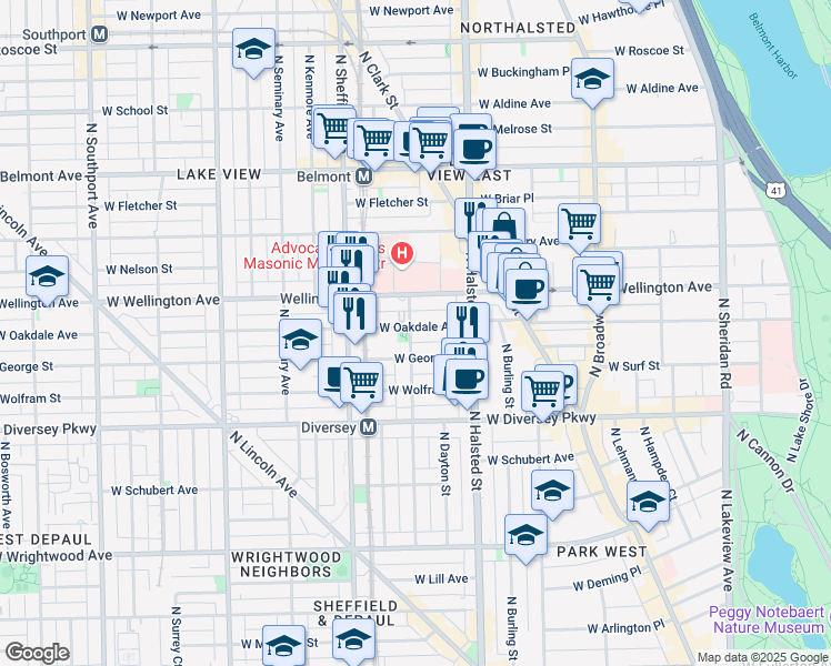 map of restaurants, bars, coffee shops, grocery stores, and more near 850 West Oakdale Avenue in Chicago