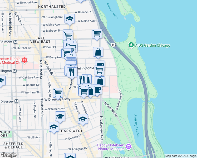 map of restaurants, bars, coffee shops, grocery stores, and more near 2930 North Sheridan Road in Chicago