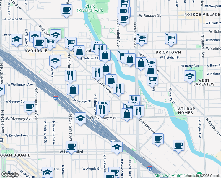 map of restaurants, bars, coffee shops, grocery stores, and more near 2949 North Elston Avenue in Chicago