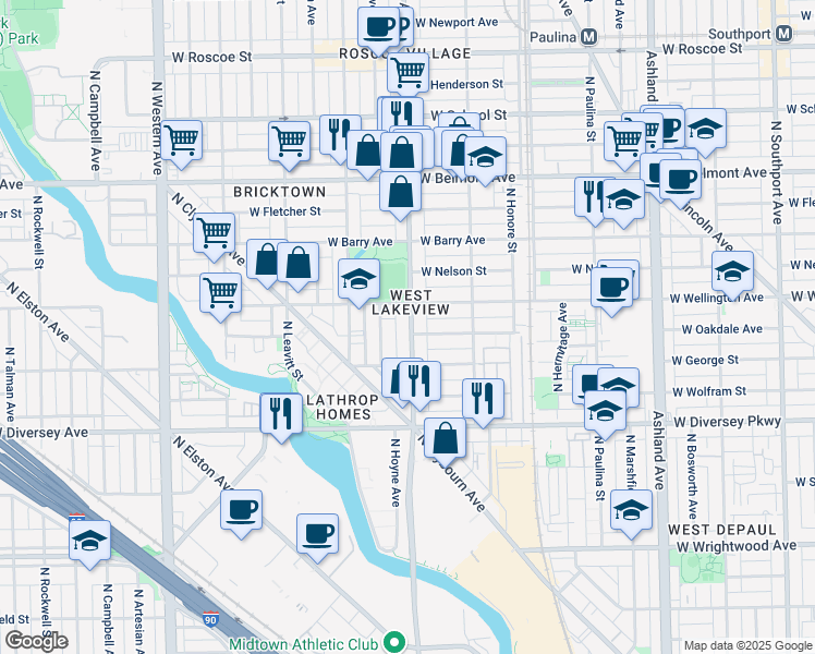 map of restaurants, bars, coffee shops, grocery stores, and more near 2945 North Damen Avenue in Chicago