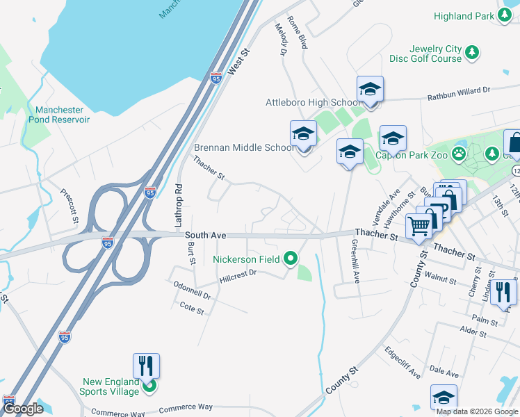 map of restaurants, bars, coffee shops, grocery stores, and more near 101 South Avenue in Attleboro