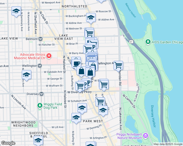 map of restaurants, bars, coffee shops, grocery stores, and more near 619 West Oakdale Avenue in Chicago