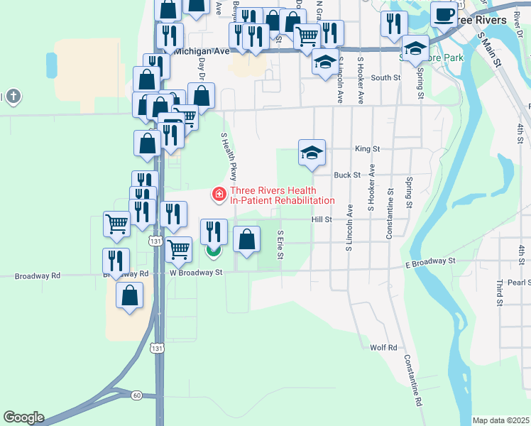 map of restaurants, bars, coffee shops, grocery stores, and more near 1021 Hill Street in Three Rivers