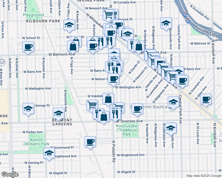 map of restaurants, bars, coffee shops, grocery stores, and more near 2956 North Pulaski Road in Chicago