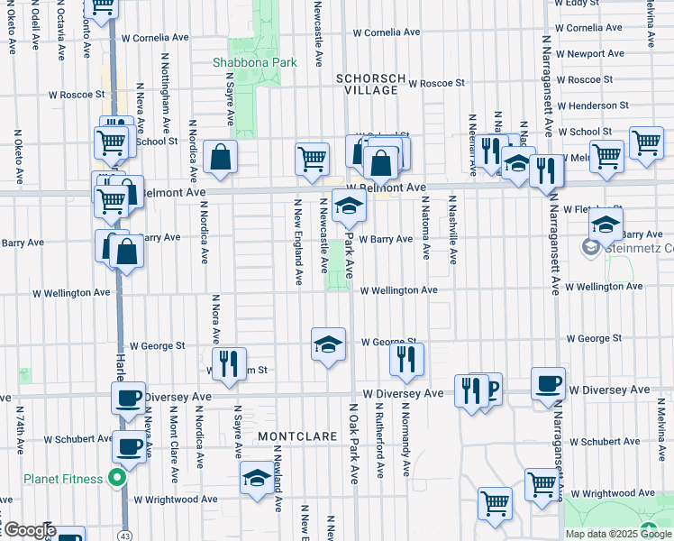 map of restaurants, bars, coffee shops, grocery stores, and more near 3020 North Oak Park Avenue in Chicago
