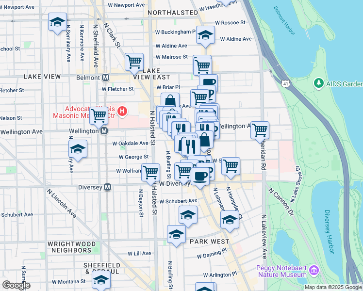 map of restaurants, bars, coffee shops, grocery stores, and more near 2913 North Clark Street in Chicago