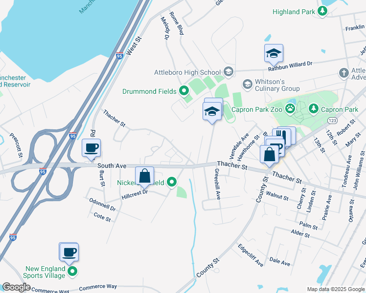map of restaurants, bars, coffee shops, grocery stores, and more near 619 Thacher Street in Attleboro
