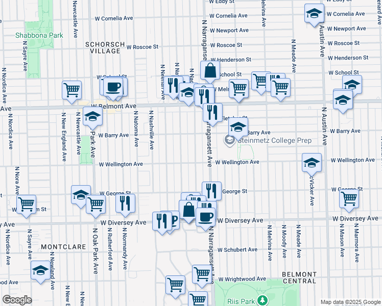map of restaurants, bars, coffee shops, grocery stores, and more near 3020 North Nagle Avenue in Chicago