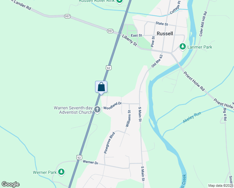 map of restaurants, bars, coffee shops, grocery stores, and more near 6820 Market Street in Russell