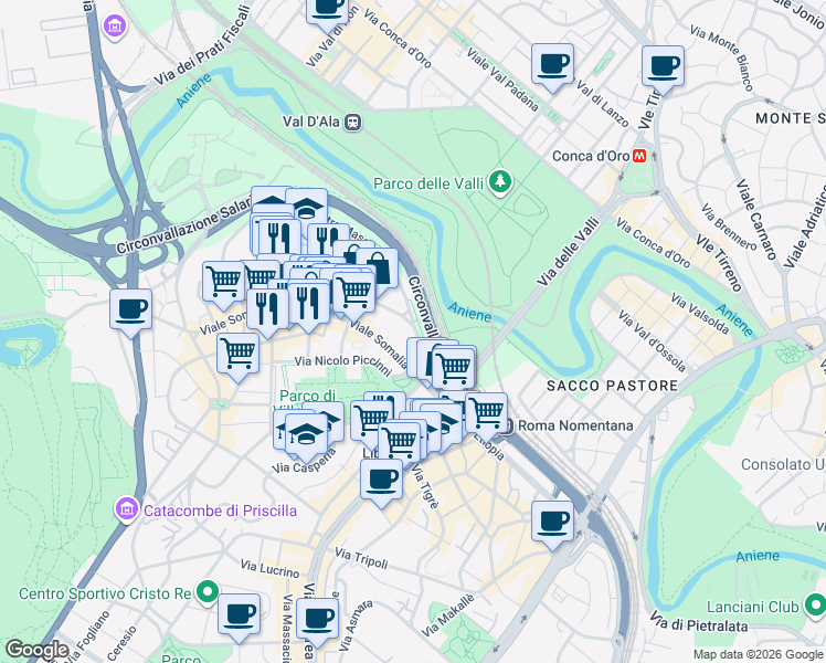 map of restaurants, bars, coffee shops, grocery stores, and more near 126 Viale Arrigo Boito in Rome