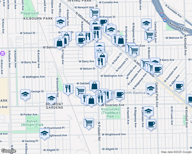 map of restaurants, bars, coffee shops, grocery stores, and more near 4005 West Wellington Avenue in Chicago