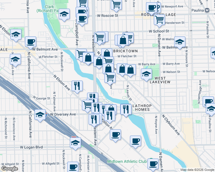 map of restaurants, bars, coffee shops, grocery stores, and more near 2959 North Oakley Avenue in Chicago