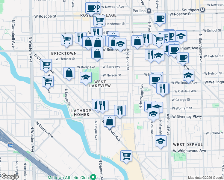map of restaurants, bars, coffee shops, grocery stores, and more near 1916 West Oakdale Avenue in Chicago