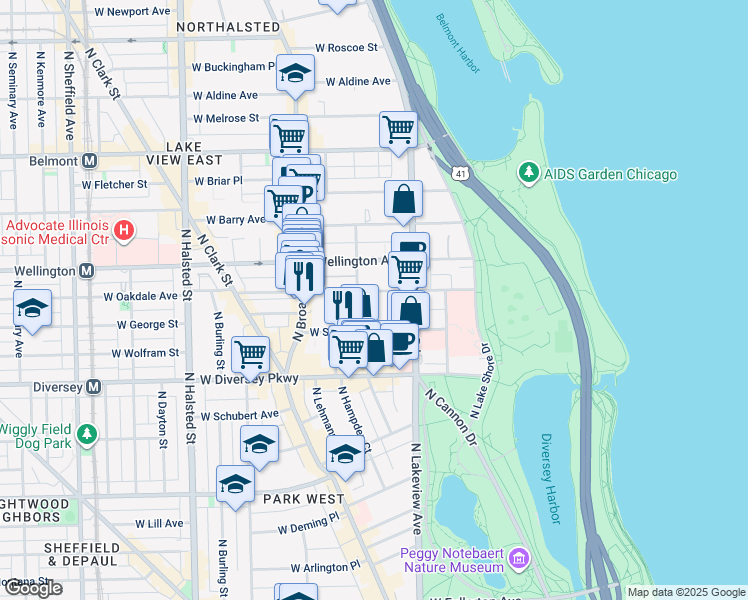 map of restaurants, bars, coffee shops, grocery stores, and more near 441 West Oakdale Avenue in Chicago