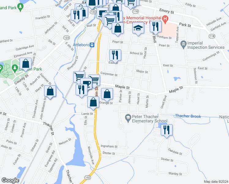 map of restaurants, bars, coffee shops, grocery stores, and more near 209 Pine Street in Attleboro