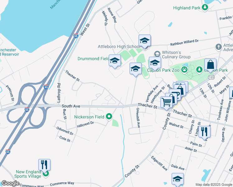 map of restaurants, bars, coffee shops, grocery stores, and more near 619 Thacher Street in Attleboro